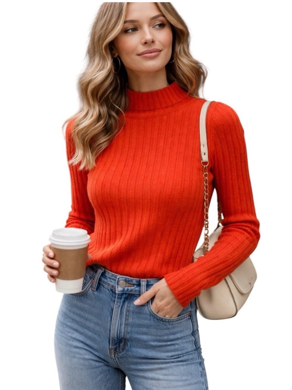 Madewell Women's Ribbed Alpaca blend Mock Neck Sweater - Orange